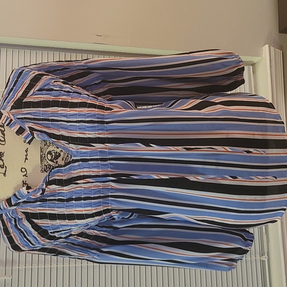 A.n.a Striped V Neck Blouse with Strings and Bell Sleeve - Picture 3 of 9